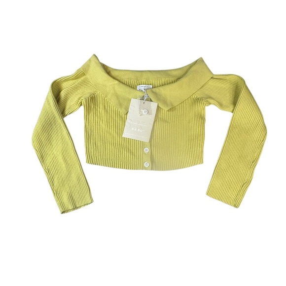 Y2K Ribbed Knit Cropped Cardigan by SABO Chartreuse Lime 100% Cotton L (8) D108 - Picture 1 of 8